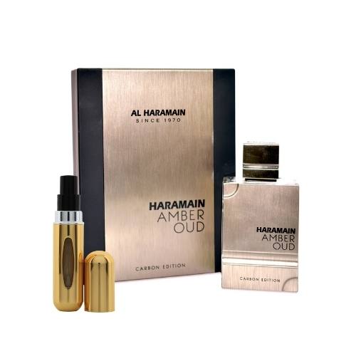Al Haramain Amber Oud Carbon EDP For Men 200ML + Portable Refillable Mini Spray 10ML אל הרמיין אמבר אוד קרבון אדפ לגבר 200 מ"ל + בקבוק מילוי 10 מ"ל