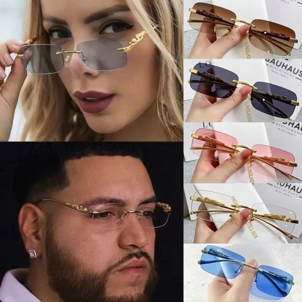 משקפי שמש רטרו מרובע ללא שוליים ( צבע חום ) , לגברים ולנשים, ללא מסגרת, מגני UV חיצוני