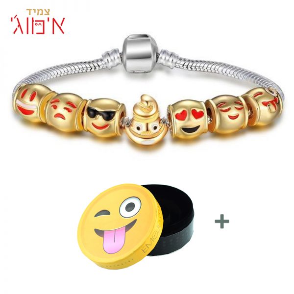 צמיד מצופה כסף בתוספת 7 חרוזי אימוג'י מצופים זהב 18 קראט, מגיע בתוך קופסת אימוג'י מדליקה